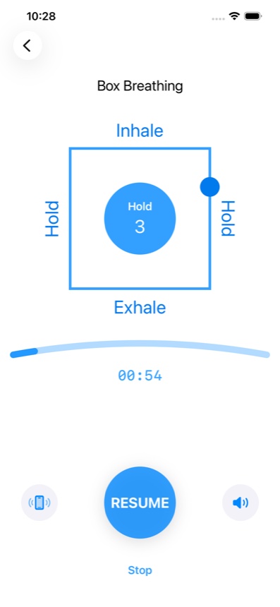 Box breathing session with square inhale, hold, exhale, hold cues.