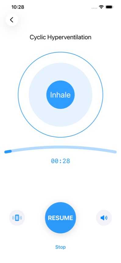 Serena session screen with a blue circular inhale cue and timer.