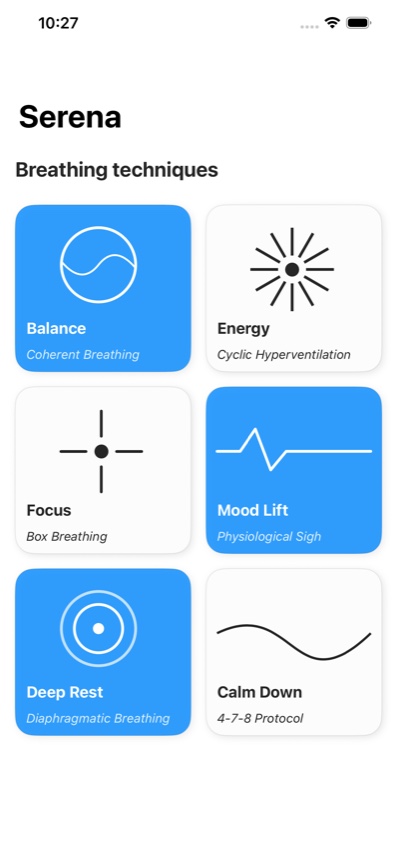Serena breathing techniques screen showing Balance, Energy, Focus, Mood Lift, Deep Rest, and Calm Down protocols.